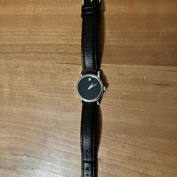Movado Accessories - Movado Silver Case Watch with Black Leather Strap